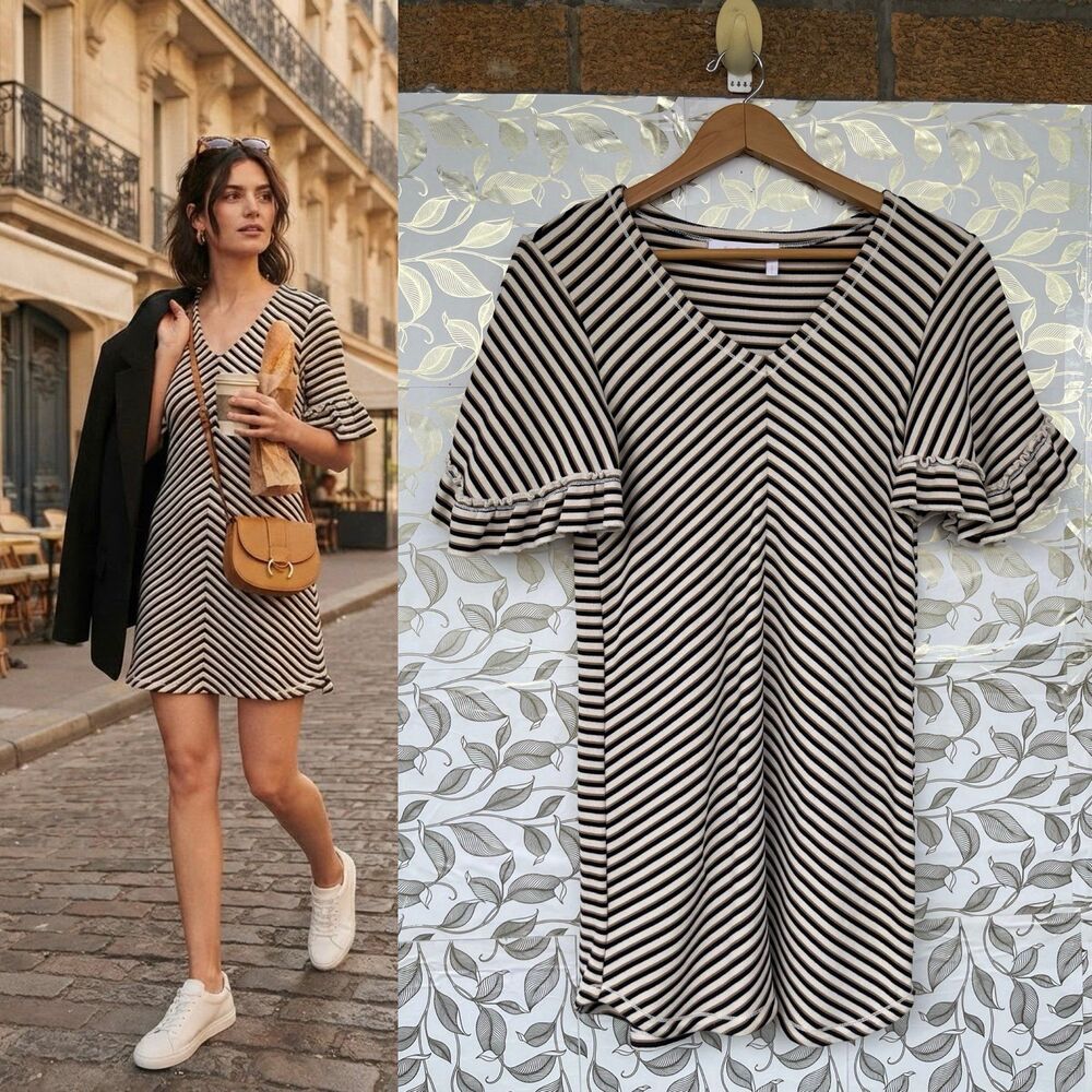 See By Chloé V-Neck Striped Cotton Mini Dress XS French Chic T-Shirt Dress